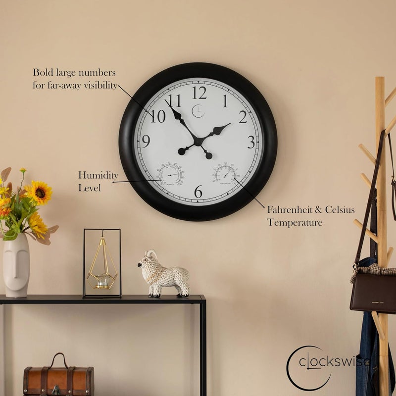 Clockswise Non-Ticking Quartz Wall Clock with Thermometer & Hygrometer Battery Operated Analog Clock for Temperature & Humidity Monitoring Ideal for Home Office School (Black Solid Frame, 24 Inch) - Image 3